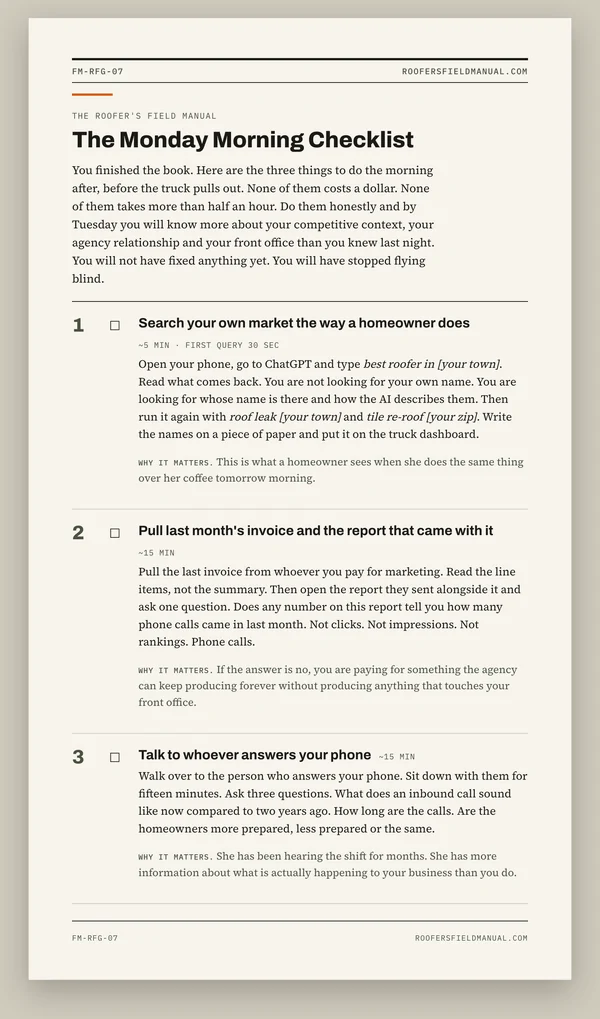 The Monday Morning Checklist, one printable page